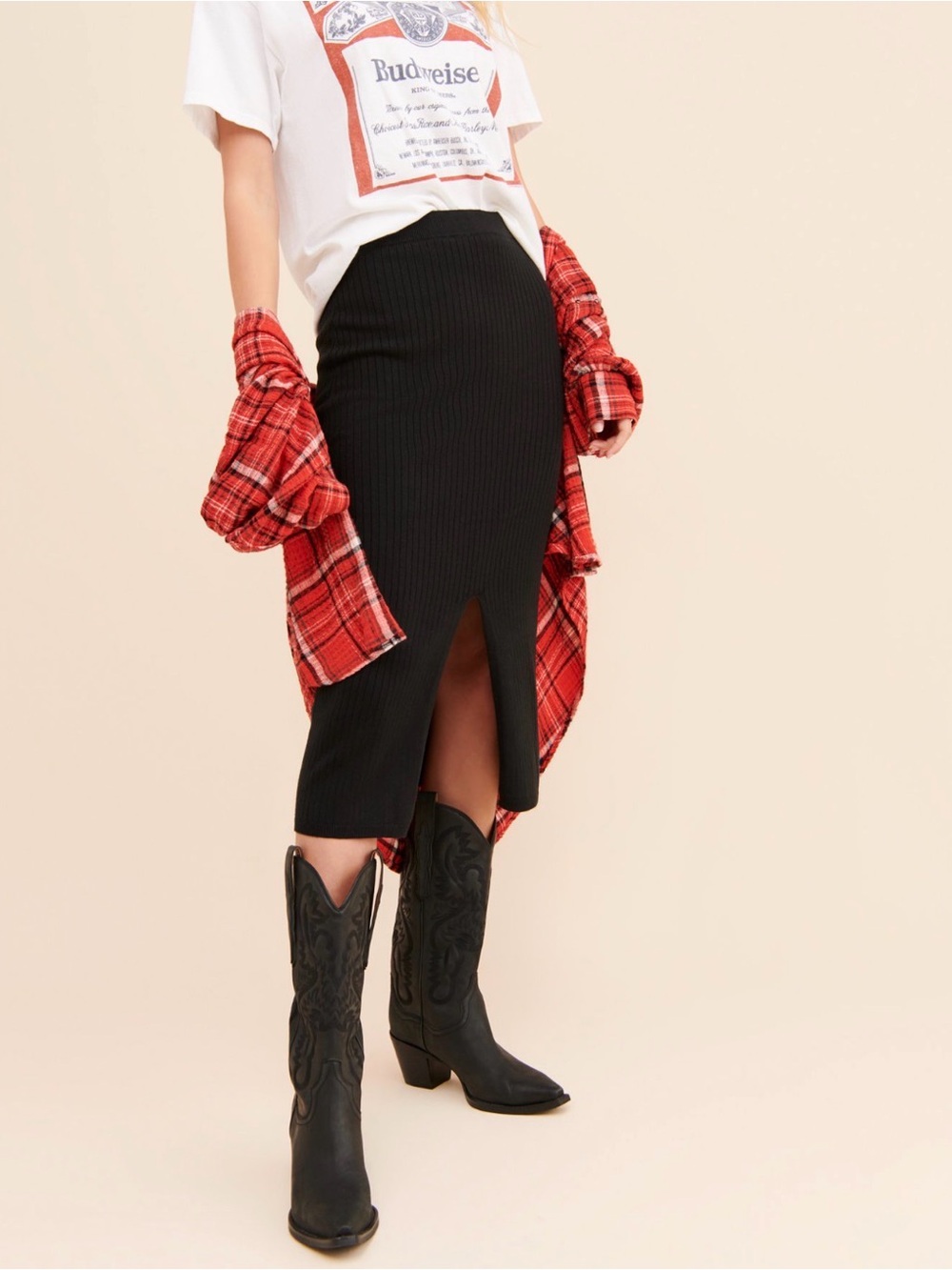New NWT Free People skyline midi skirt ribbed Knit Black with Front slit small